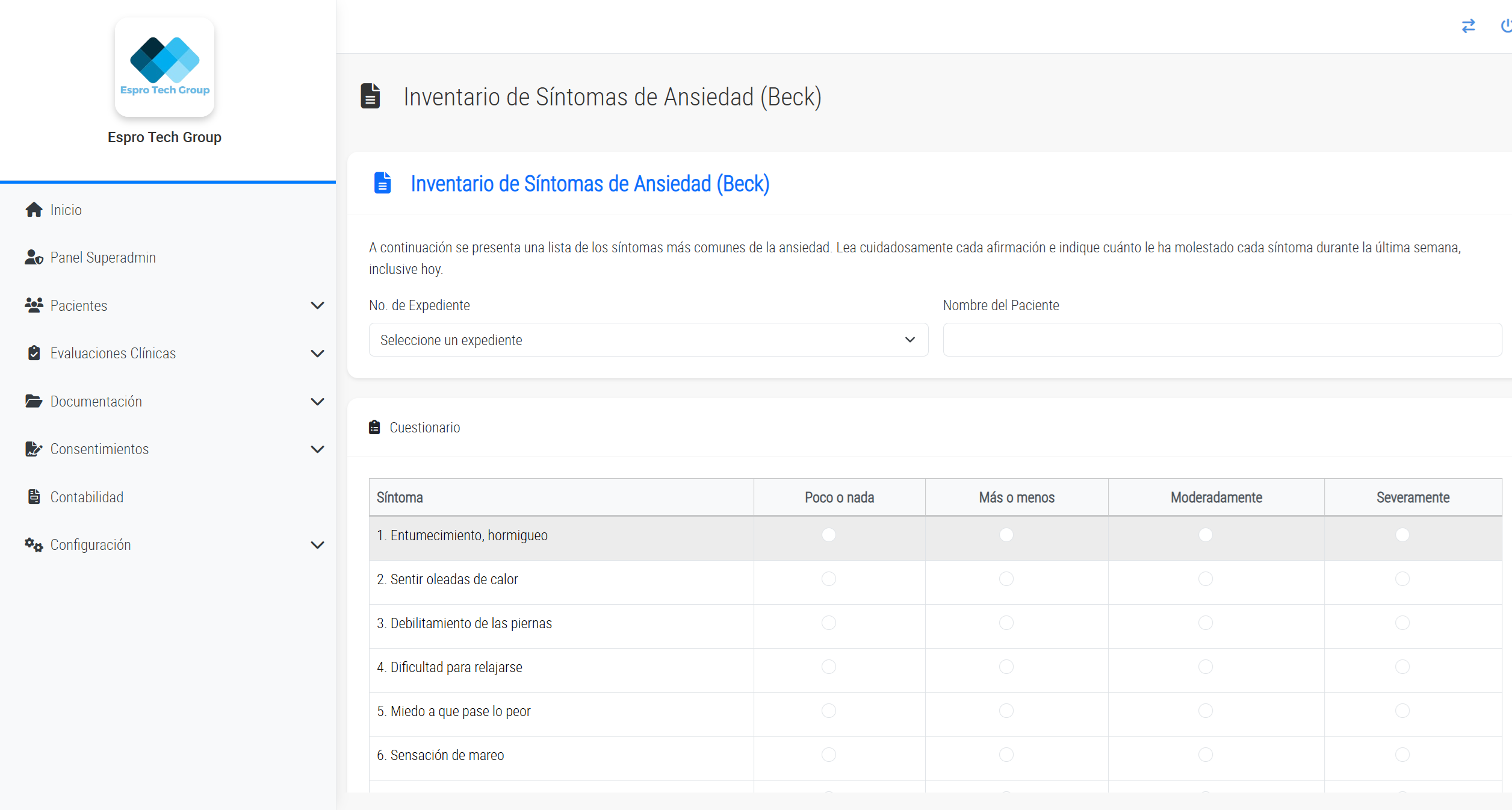 Interfaz de Inventario de Beck
